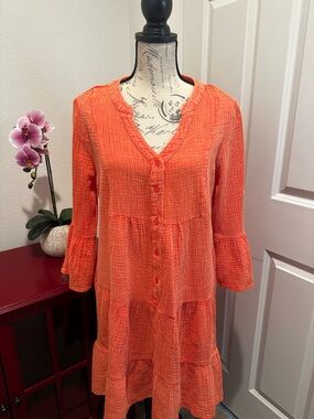 Umgee Coral-Orange Button Front Gauze Tunic
